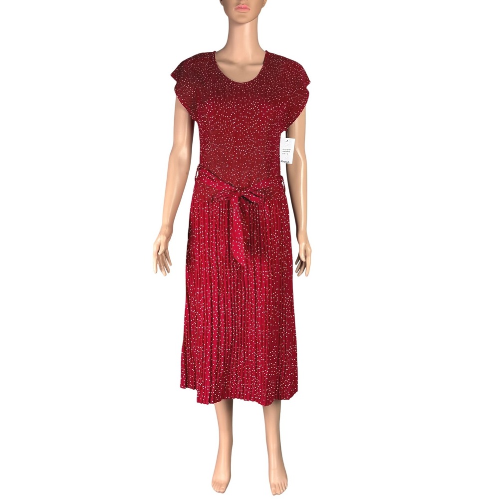 NWD Kindred Midi Dress XL Red White Polka Dot Tie Waist Pleated‎ Slip Stretch